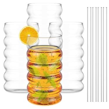 Imagem de Pacote com 4 copos de vidro de 590 ml com tampas e canudos, copos canelados, com escova de limpeza de palha, copo de vidro de borossilicato alto para café gelado, cerveja, coquetel (4, forma - sem
