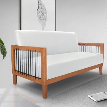 Imagem de Sofá Namoradeira 2 Lugares Sala de Estar Pés Madeira Maciça Corda Náutica Preta 160cm Manila PU Branco G63 - Gran Belo