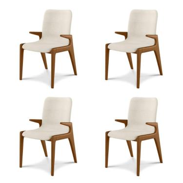 Imagem de Kit 4 Cadeiras Decorativas Sala de Jantar Madeira Maciça com Braço Pigeon Linho Bege/Mel - Gran Belo