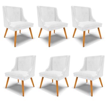 Imagem de Kit 6 Cadeiras Decorativas Sala de Jantar Pés Palito de Madeira Firenze PU Branco Brilho/Natural G19 - Gran Belo