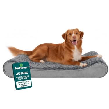 Imagem de Furhaven Cama ortopédica para cães grandes com capa lavável removível, para cães de até 34 kg - Colchão luxuoso de pelo sintético e camurça com contorno de espreguiçadeira - cinza, jumbo/GG