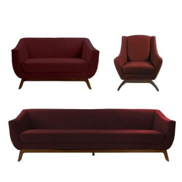 Imagem de Conjunto Milano Sofá, Namoradeira E Poltrona Em Veludo Bordo - Larbelle