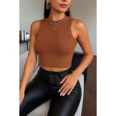 Imagem de Blusa cropped top regata linhas relevo moda boho chic versátil tricot-Feminino