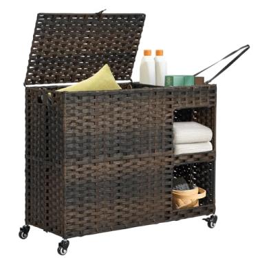 Imagem de Cesto de lavanderia com rodas, 160 litros, organizador de roupas com prateleiras, cesto de roupas de vime com 4 forros removíveis e 3 sacos de malha, organizador de tecido à mão para quarto, banheiro