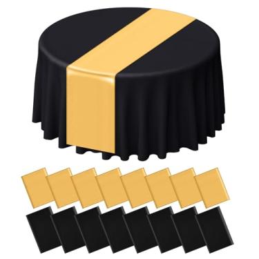 Imagem de Barafat Conjunto de 16 peças de toalha de mesa redonda de plástico e corredor de mesa de cetim, capas redondas de 203 cm x 272 cm, corredores de mesa para Natal, casamento, festa de aniversário, bebê