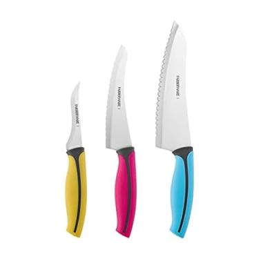 Imagem de Farberware Fatia precisa, conjunto de facas de cozinheiro com aderência macia, 3 peças, multicolorido