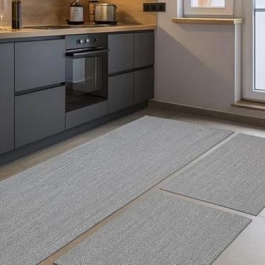 Imagem de Kit Tapete de Cozinha 3 Peças Luxo em Algodão Lavável – 2 Tapetes + 1 Passadeira Antiderrapante e Confortável (CINZA)