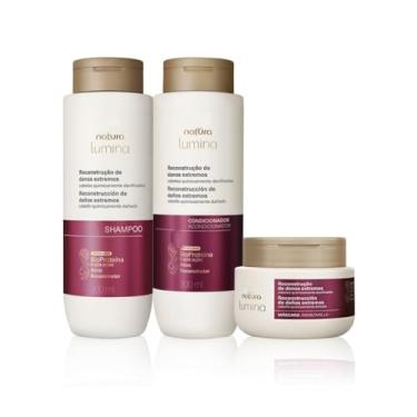 Imagem de Lumina Kit Reconstrução de Danos Extremos, Shampoo 300ml, Condicionador 300ml, Máscara Capilar, Cabelos Quimicamente Danificados