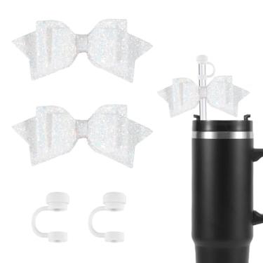 Imagem de 2 peças de pingentes de arco e 2 peças de topos de palha, tampas de tampa de palha fofas, acessórios de decoração para copo Stanley (branco)