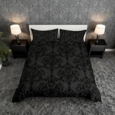 Imagem de Manfei Conjunto de capa de edredom preto damasco, tamanho solteiro, gótico, vintage, damasco, floral, 2 peças, capa de colcha barroca vitoriana antiga, decoração de quarto de homem, mulher, adultos, 1