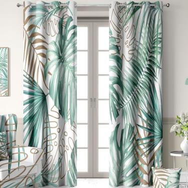 Imagem de Cortinas blecaute com folhas de palmeira tropicais, douradas e verdes, plantas botânicas, cortinas de janela com ilhós escurecendo para sala de estar, quarto, 2 painéis 132 x 213 cm
