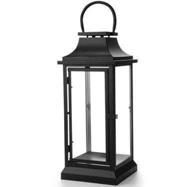 Imagem de Nuogo Lanternas grandes de metal de 50 cm com painéis de vidro preto pendurado vintage para mesa varanda decoração de festa em casa presente interno e externo, vela não incluída