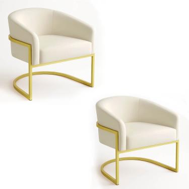 Imagem de Poltrona Sala Decorativa Industrial Dourada Kit 2 Arielle Veludo Cor Bege
