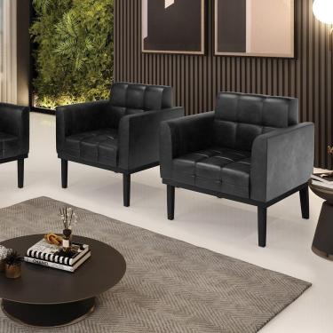 Imagem de Kit 2 Poltronas Decorativas Pés Fixo Em Madeira Pu Preto Brilho