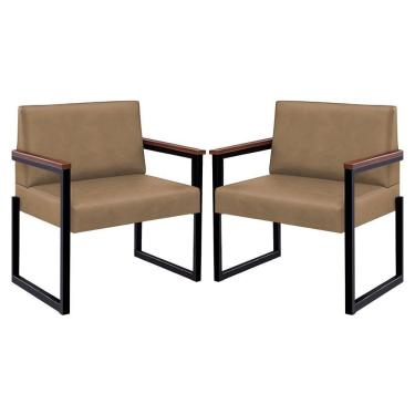 Imagem de Kit 2 Poltronas Niterói Couro Bege Em Metal Preto