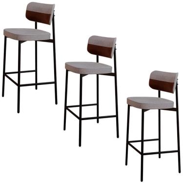Imagem de Banqueta Alta Bar Estofada Kit 3 Ella M25 Linho Cinza Cl-marrom - Mpozenato