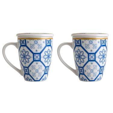 Imagem de Kit 02 Canecas Para Chá De Porcelana Com Tampa 340 Ml Lyor