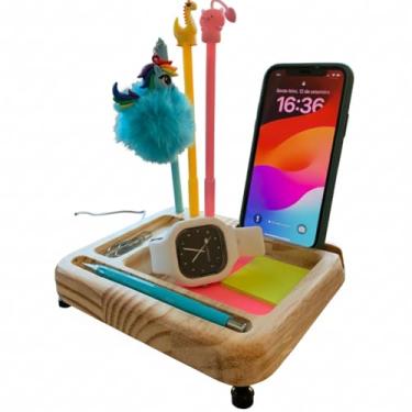 Imagem de Organizador de Escritório em Madeira com Iluminação LED USB – Porta Canetas, Celular e Blocos de Anotações