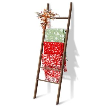 Imagem de Escada para cobertor de madeira de acácia, 6 andares, 166,5 cm, suporte de toalha de colcha, escada, de madeira, fácil montagem, prateleira rústica para a sala de estar, quarto, banheiro, decoração de