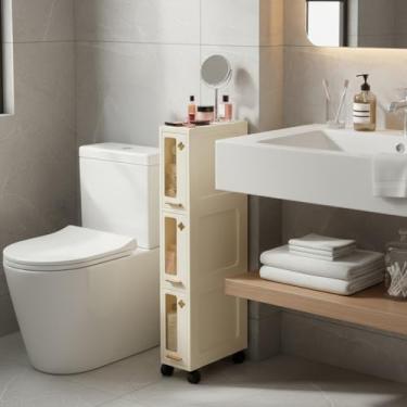Imagem de Weysat Armário de armazenamento estreito para banheiro com rodas, organizador fino com portas e prateleiras transparentes para espaços pequenos, cozinha, banheiro, lavanderia (3 camadas)