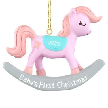 Imagem de Enfeites de primeiro Natal para bebês 2025 para mulheres, enfeite de cavalo de balanço de resina rosa para pendurar em árvore de Natal, carro, decoração de festa de aniversário, presentes em memória