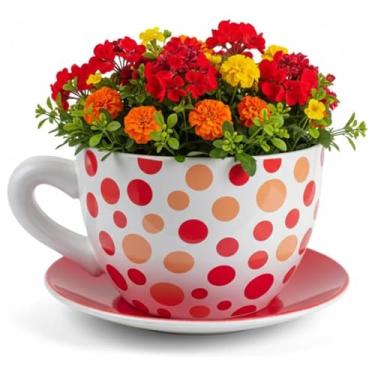 Imagem de hadaaya Vaso de cerâmica redondo de 19 cm em forma de xícara de chá com pires para suculentas, orquídeas, ervas, cactos, plantas domésticas, flores para decoração de jardim, casa e eventos, plantador