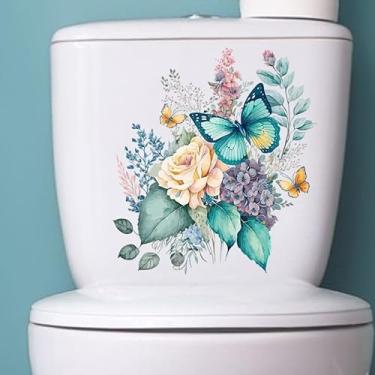 Imagem de Buquê de aquarela folhas verdes tampa de vaso sanitário e adesivo de tanque 30,5 cm x 30,5 cm flor borboleta capa de vaso sanitário decalques decoração floral cisterna adesivos descascar e colar