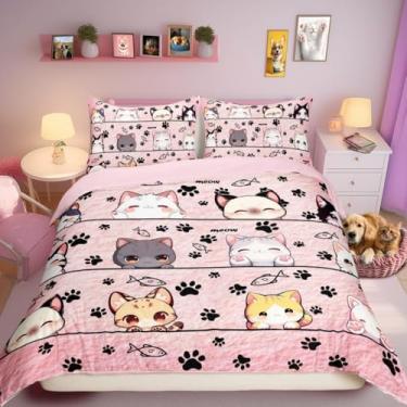 Imagem de Manfei Jogo de cama kawaii, gato, desenho animado, animal de estimação, animal de estimação, desenho animado, rosa, animais, sem enchimento, para decoração de quarto de meninos, meninas, crianças