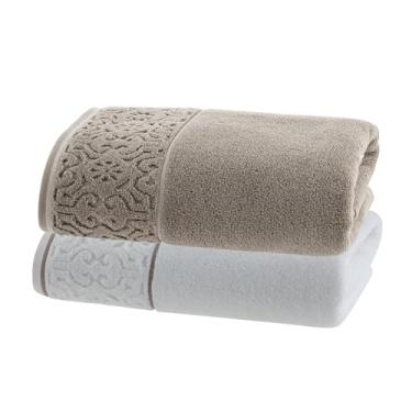 Imagem de Jogo de Toalhas Ele/Ela Super Soft Arabesco Zero Twist 2Pçs – Banhão 80x150cm 500g/m² – Toque Macio, Alta Absorção e Design Sofisticado – Altihaus (Branco/Bege)