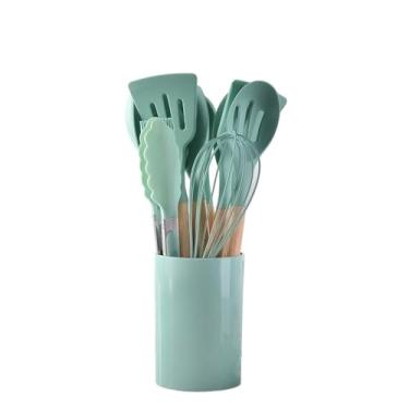 Imagem de Jogo de Cozinha Kit 5/12 Peças de Silicone, Utensílios e Copo Suporte para Cozinha Cabo de Madeira(Kit 12 VERDE)