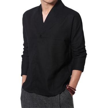 Imagem de Verão Streetwear Japonês Kimono Camisa De Linho De Algodão Homens Retro Decote Em V Blusa De Linho Leve Vintage Tee, White, 3XL