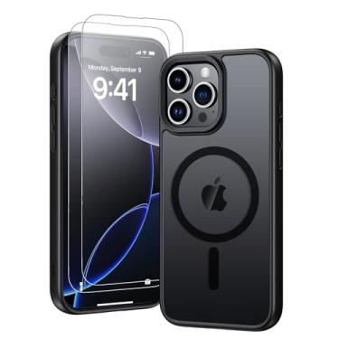 Imagem de Yunjews Capa para iPhone 16 Pro, capa fosca translúcida magnética preta [compatível com MagSafe], proteção de grau militar fina à prova de choque, antiimpressões digitais com 2 protetores de tela para