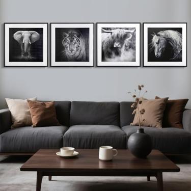 Imagem de JJY Conjunto de 4 impressões de arte de parede de animais grandes em preto e branco emoldurado - pôsteres de decoração de parede de elefante de tigre selvagem africano grande com moldura - pôsteres de