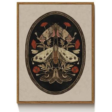 Imagem de Tela de inseto escuro vintage moldura flutuante arte de parede mariposas e flores de papoula decoração de parede Moody retrô gótica borboleta impressão de pôster antigo arte para sala de estar