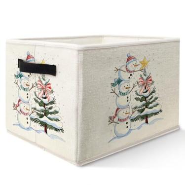 Imagem de Yhtrg Cesta de armazenamento de boneco de neve de inverno de Natal com alças, estrela dourada de inverno, boneco de neve, caixa organizadora de tecido dobrável para presentes, quarto, banheiro, roupas