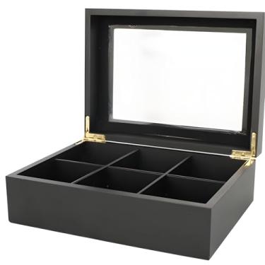 Imagem de Caixa de chá de grande capacidade, organizador de madeira preta com 6 compartimentos com divisória removível e janela transparente para facilitar a visualização do chá