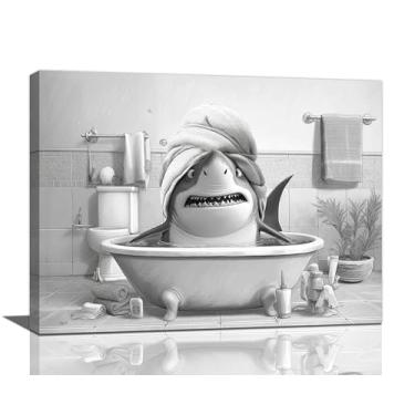 Imagem de Arte de parede engraçada de tubarão para banheiro preto e branco pintura em tela emoldurada para banheiro humor arte banheiro banheiro decoração presentes para mulheres meninas 30,5 x 40,6 cm