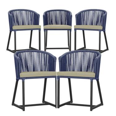 Imagem de 5 Cadeiras De Jantar Noronha Preta Corda Náutica E7 Trama Azul