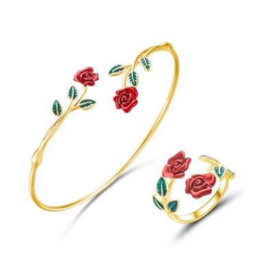 Imagem de Dtja Pulseira vintage de flor rosa vermelha, floral, expansível, ajustável, para mulheres, tema tribal antigo, joia de folha verde para dia dos namorados, Natal, feriado, conjunto de 2 peças, Medium