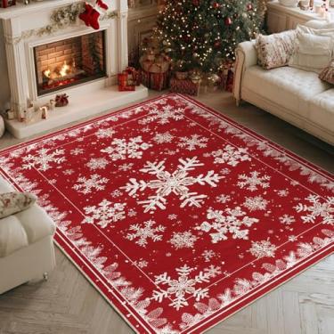 Imagem de Artoid Mode Tapete de inverno com pinha de floco de neve vermelho, decoração de casa de Natal, baixo perfil, antiderrapante, lavável, tapete grande para sala de estar, quarto, fazenda, sala de jantar