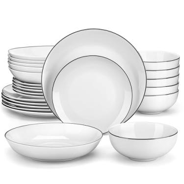 Imagem de MALACASA Conjuntos de louça de porcelana gourmet de 24 peças, branco moderno com aro preto conjunto de pratos redondos para 6 - pratos de servir premium e conjuntos de tigelas para sobremesa, salada, sopa, macarrão - série AMELIA