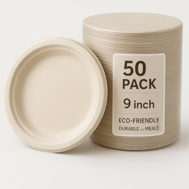 Imagem de Pacote com 50 pratos descartáveis de papel de bambu de 22 cm – compostáveis, biodegradáveis, sem PFAS – Placas ecológicas marrons naturais resistentes para festas, acampamentos, eventos