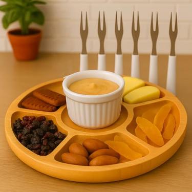 Imagem de Kit Petisqueira - Opções: Apenas Tábua, Tábua+Garfos ou Completo (c/Ramequim) - Bandeja Bambu 29cm(Kit Completo Gamela 29cm)