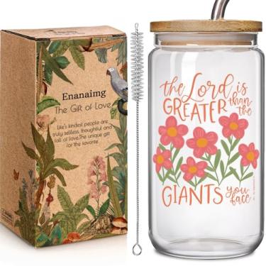 Imagem de Copos de vidro inspiradores cristãos de 473 ml com tampas e canudos, presentes de Natal para mulheres, melhor amiga - The Lord is Greater Than The Giants You Face, Versículo da Bíblia, presentes