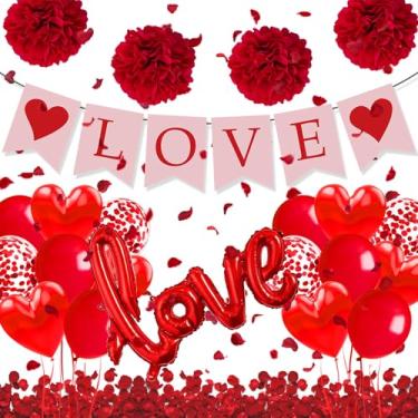 Imagem de Conjunto de decoração de festa de Dia dos Namorados, kit de 40 peças com balões de coração vermelho, cravos, banner de amor, flores de papel para casamento, aniversário, noivado