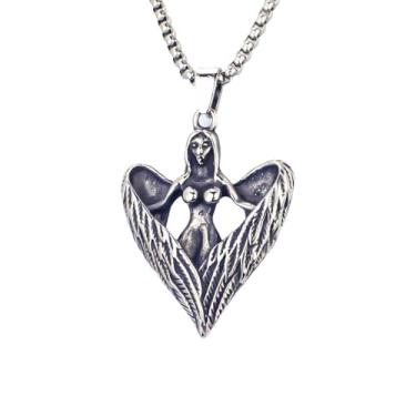 Imagem de Colar com pingente de coração de asa de anjo estilo vintage, prata antiga, corrente de aço inoxidável, design de fantasia gótica