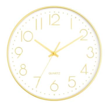 Imagem de Relógio De Parede Analógico Metálico 30x30cm Dourado E Branco Com Números Em Alto Relevo