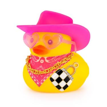 Imagem de wonuu Pink Car Rubber Ducks for Women, Mini Lady Ducky with Top-Handle Bags Wallets, Heart-Shaped Sunglasses, Bandana, Necklace (Checkered Bag)