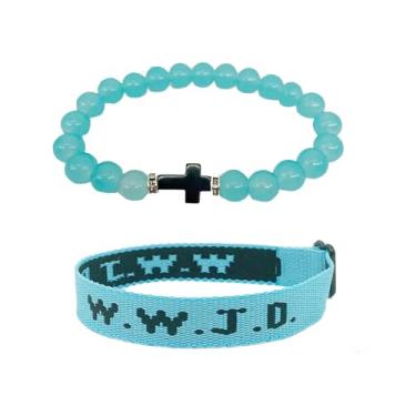 Imagem de COLORFUL BLING WWJD Pulseira de Corda Trançada Cruz Contas de Cristal Conjunto de Pulseiras Pedra de Cura Natural Feito à Mão What Would Jesus Do Pray Pulseira Elástica Proteção Presentes Inspiradores