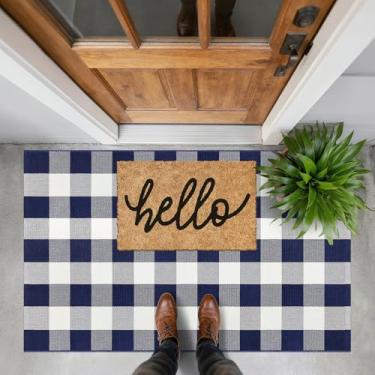 Imagem de Fixseed Tapete xadrez buffalo, xadrez, 7,5 x 12,5 cm, azul marinho e branco, lavável, tapete de banho de algodão tecido à mão para entrada, casa de fazenda, pátio, quarto, sala de estar